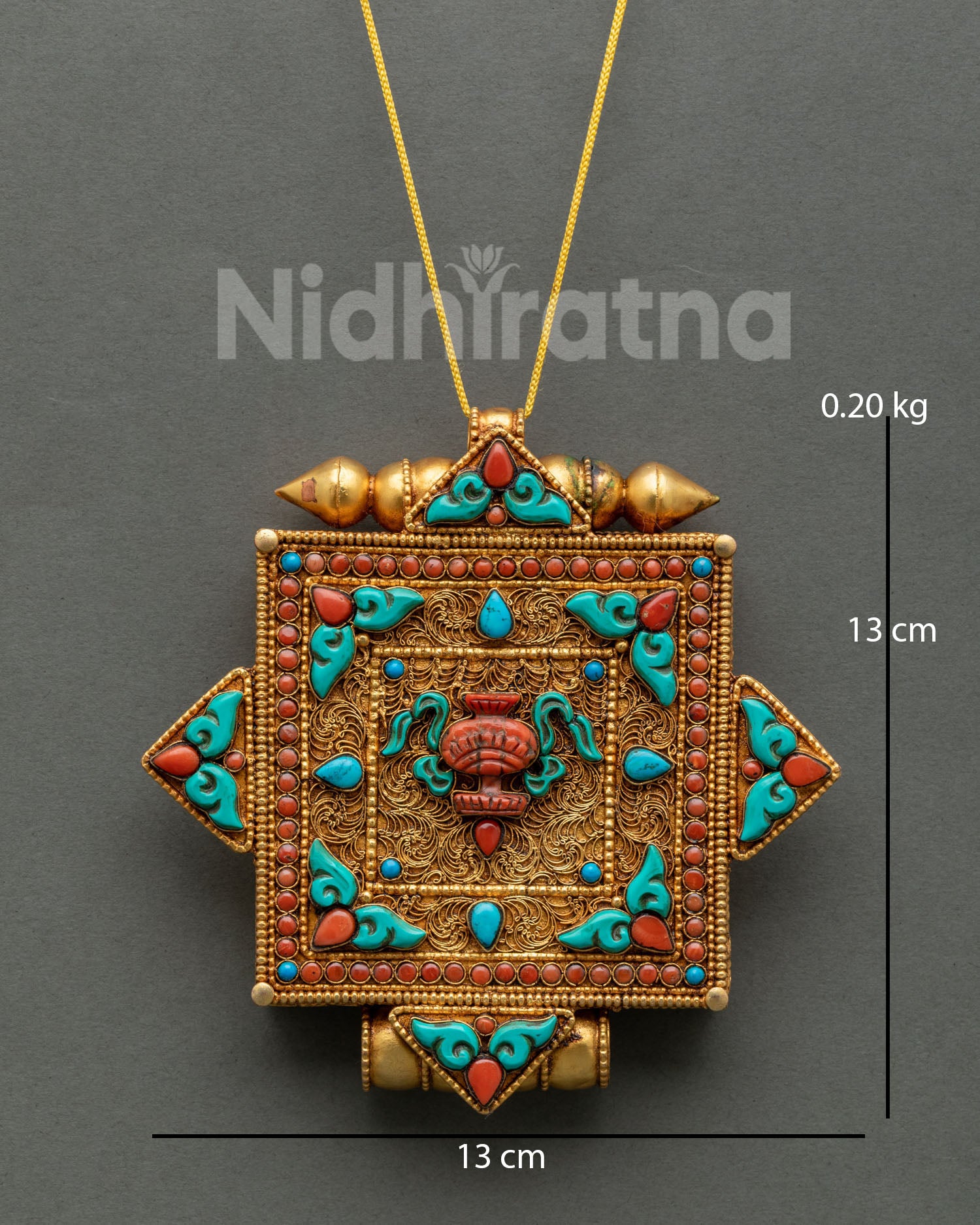 Buddhist Treasure Vase Ghau Mala with turquoise coral and filigree artwork