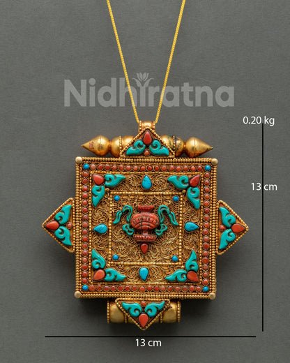 Buddhist Treasure Vase Ghau Mala with turquoise coral and filigree artwork