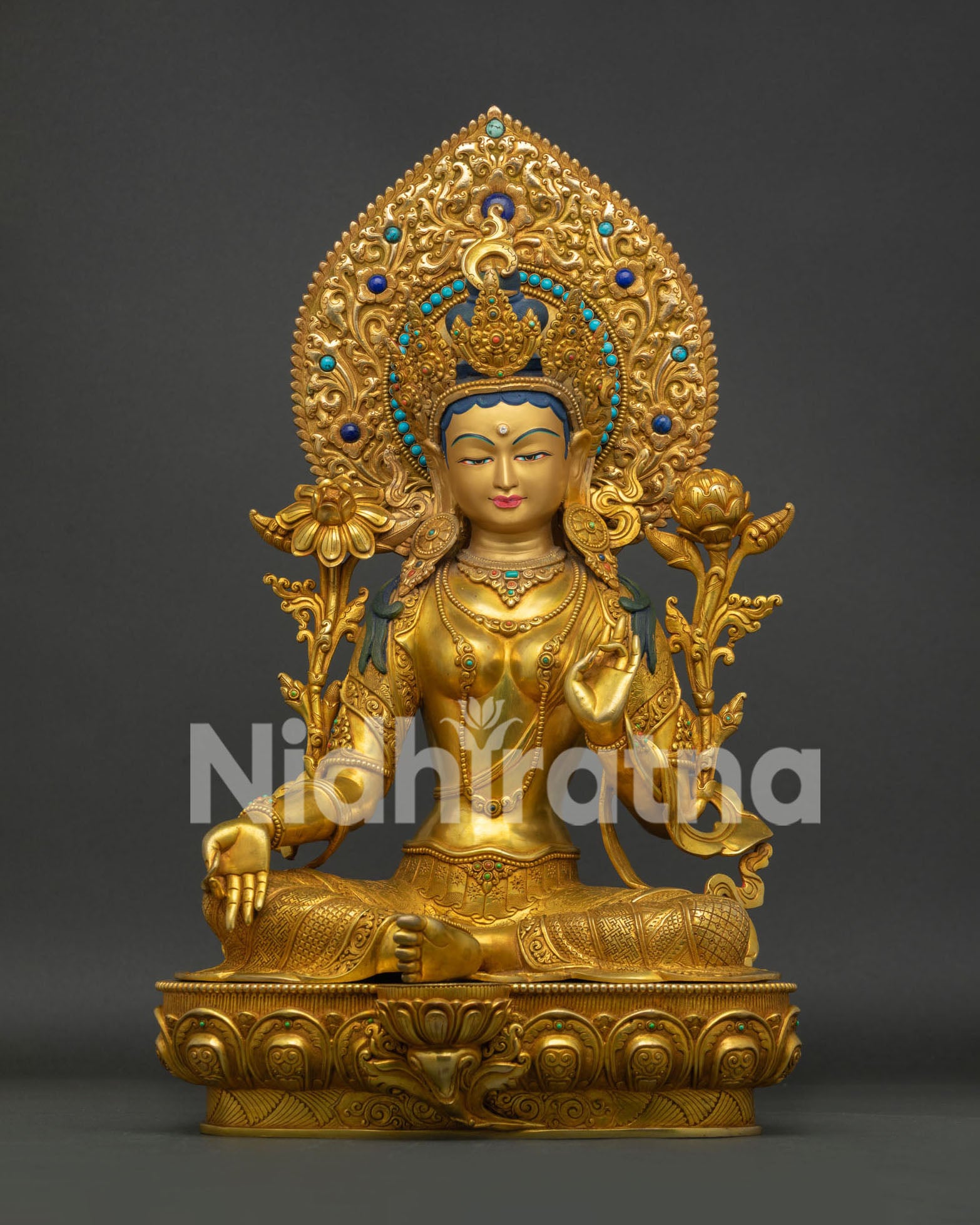 Buy Handcrafted Green Tara Statue with 24K Gold Fire Gilding from Nepal Front View