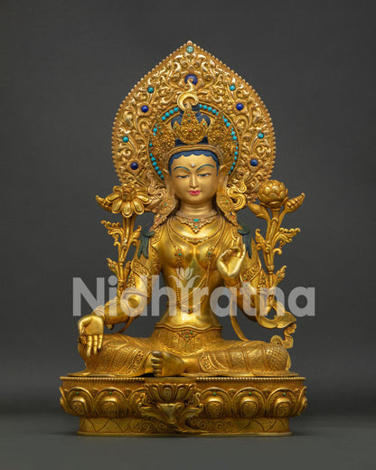 Buy Handcrafted Green Tara Statue with 24K Gold Fire Gilding from Nepal Front View