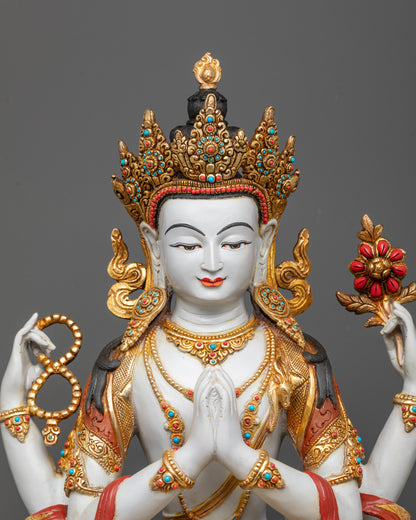 Close-up of Chenrezig Statue showing five-jewel crown and semi-precious stones
