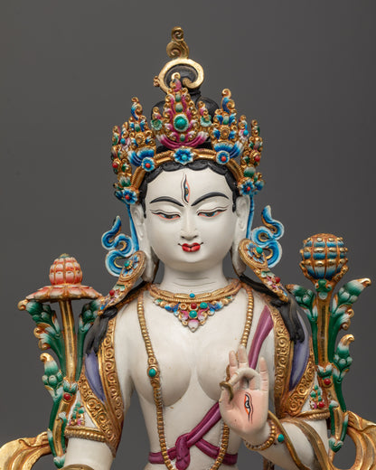Beautifully Colored Tibetan Healing White Tara Statue