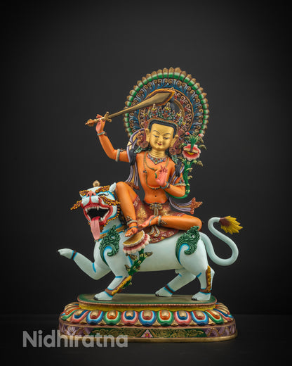 Manjushri Statue Seated on Snow Lion | Hand-Painted Wisdom Deity