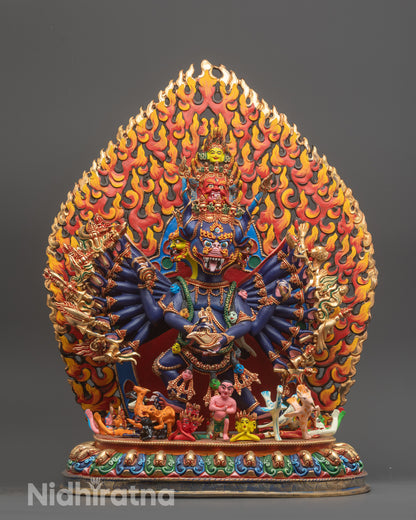Himalayan Yamantaka Statue front view in purple hues with nine faces and sixteen arms