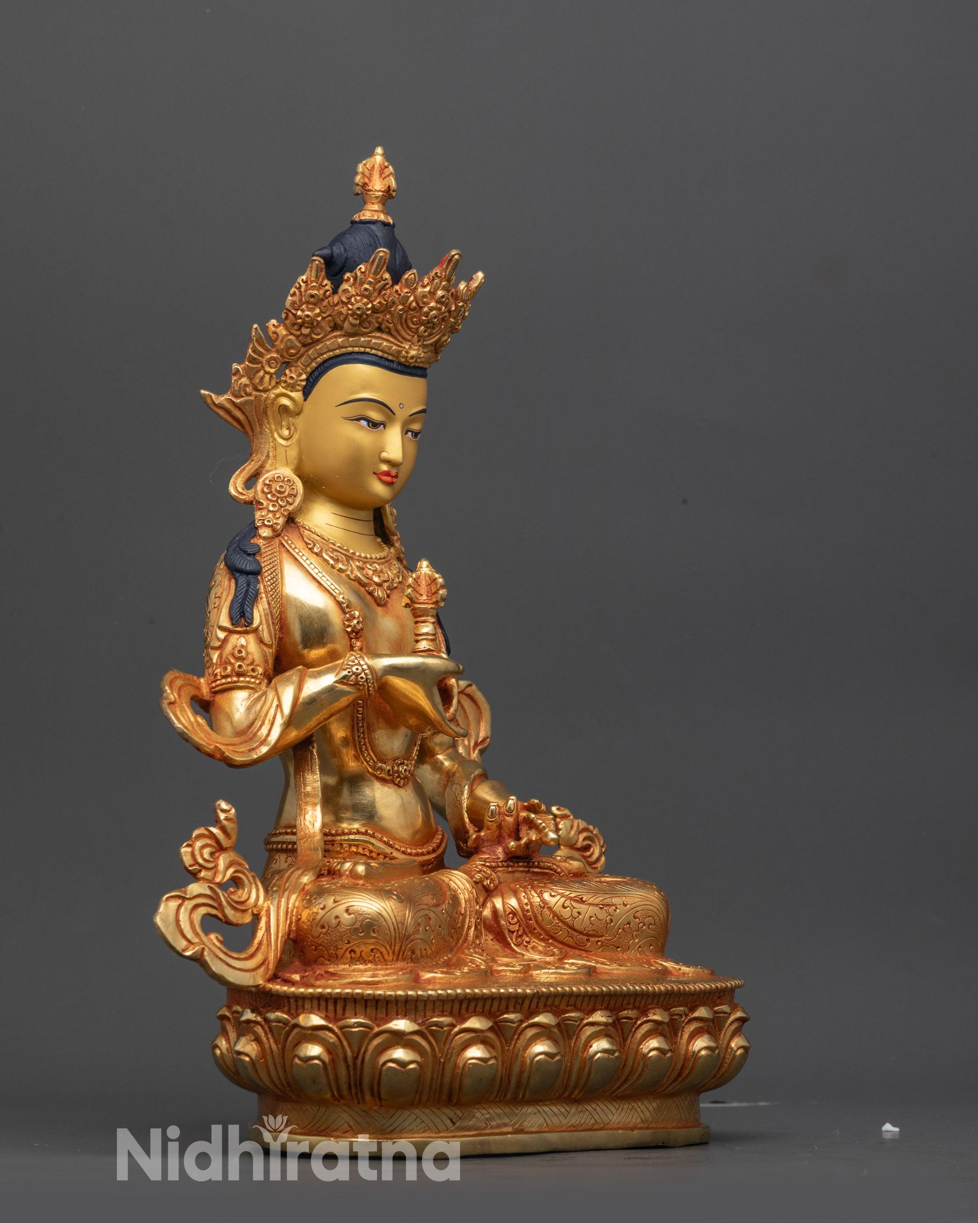 Side view of Dorje Sempa statue handcrafted in copper with 24k gold fire gilding