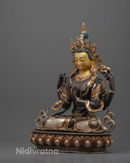 Oxidized Four-Armed Chenrezig Sculpture | Handcrafted Buddhist Art