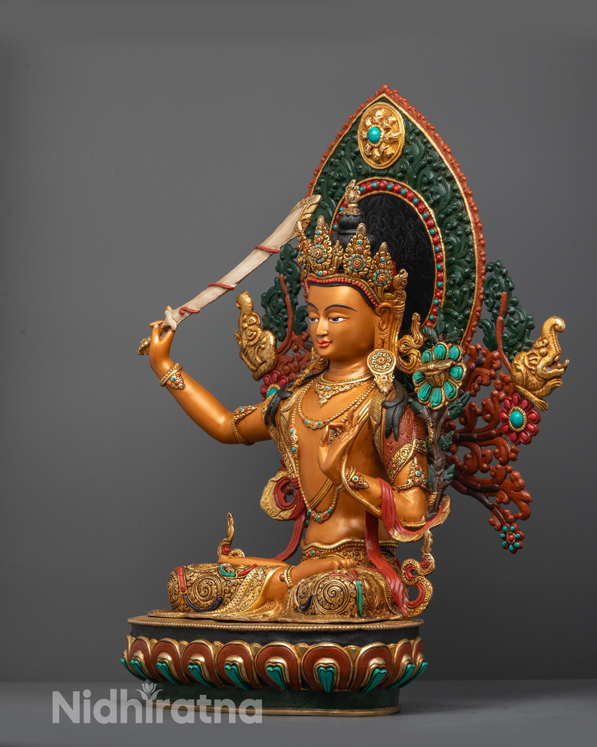 Coloured Manjushri Statue | Handcrafted Nepalese Bodhisattva Sculpture