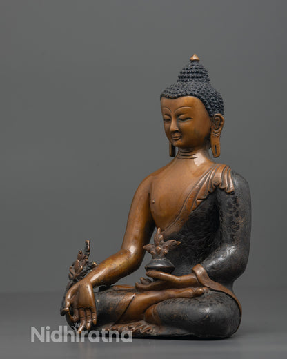 Detailed shot of Medicine Buddha’s serene face and sacred myrobalan fruit bowl