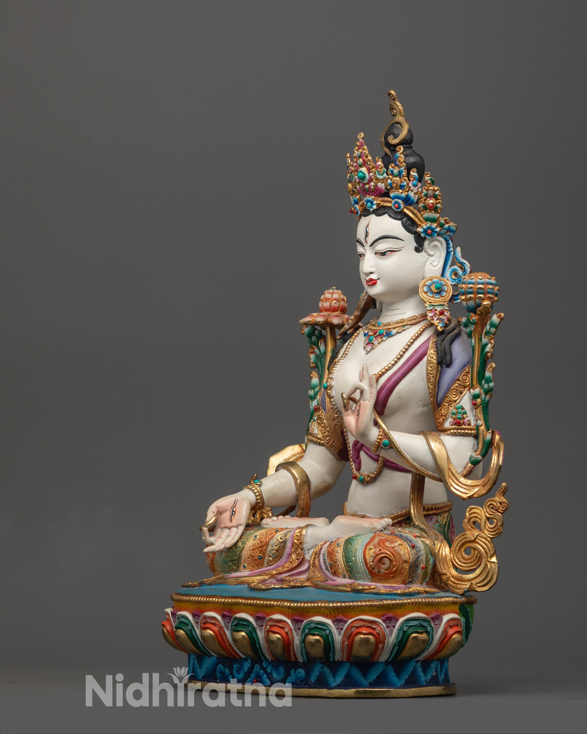 Beautifully Colored Tibetan Healing White Tara Statue