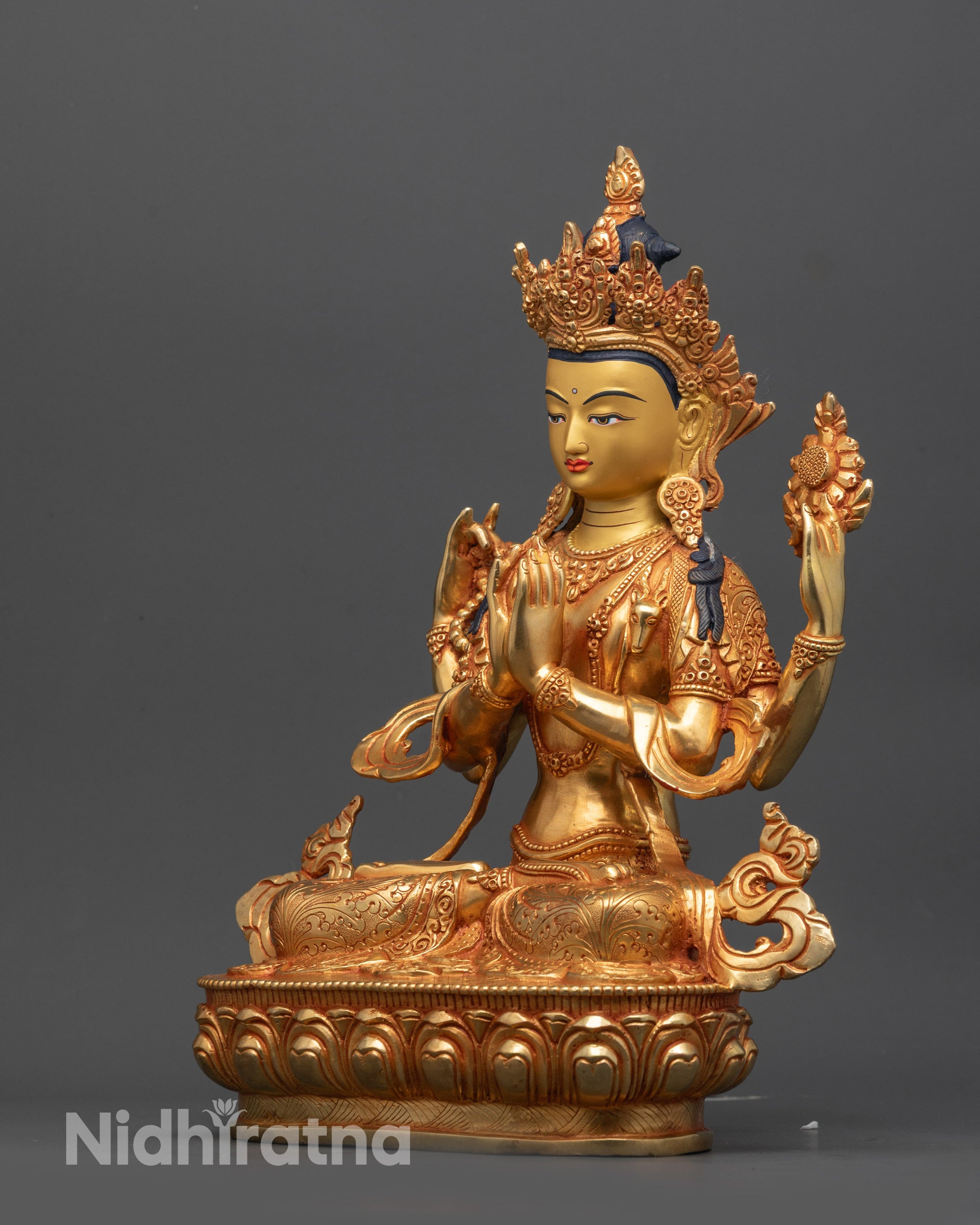 Four-Armed Avalokiteshvara Statue | 24K Gold-Gilded Face Chenrezig