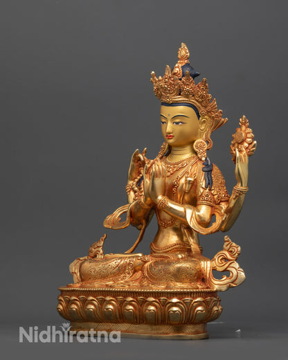 Four-Armed Avalokiteshvara Statue | 24K Gold-Gilded Face Chenrezig