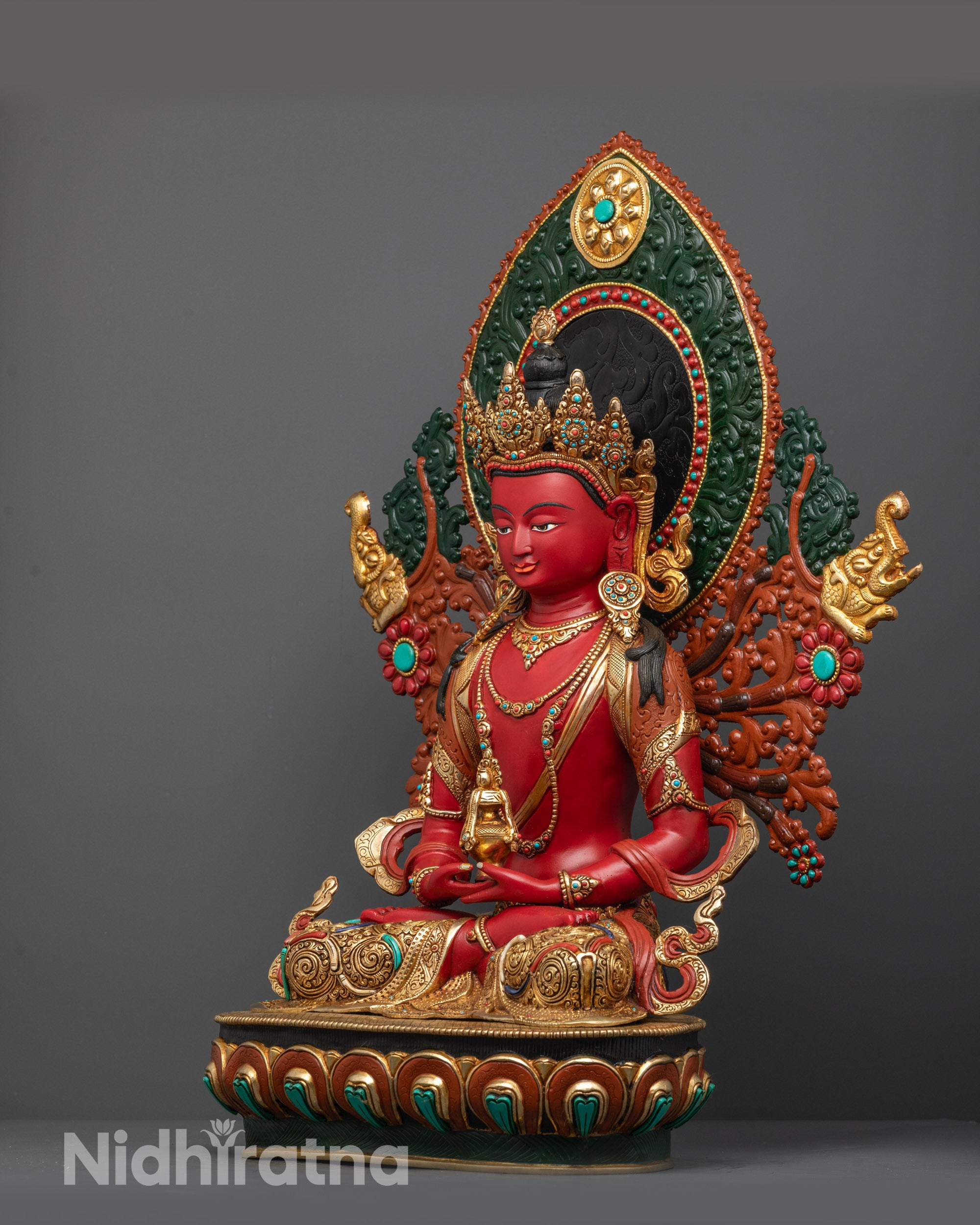 Red Hued Amitayus Statue | Nepalese Buddhist Sculpture for Longevity