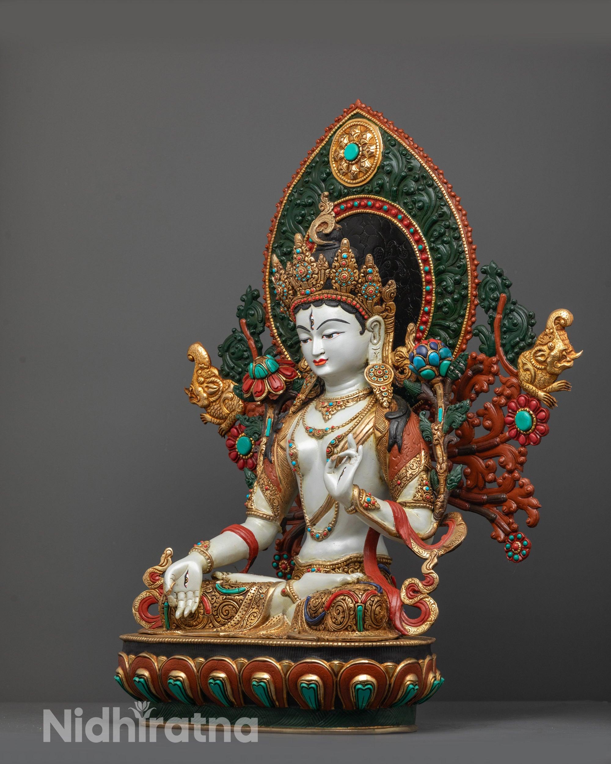 Nepalese Coloured White Tara Statue | Traditional Sacred Sculpture