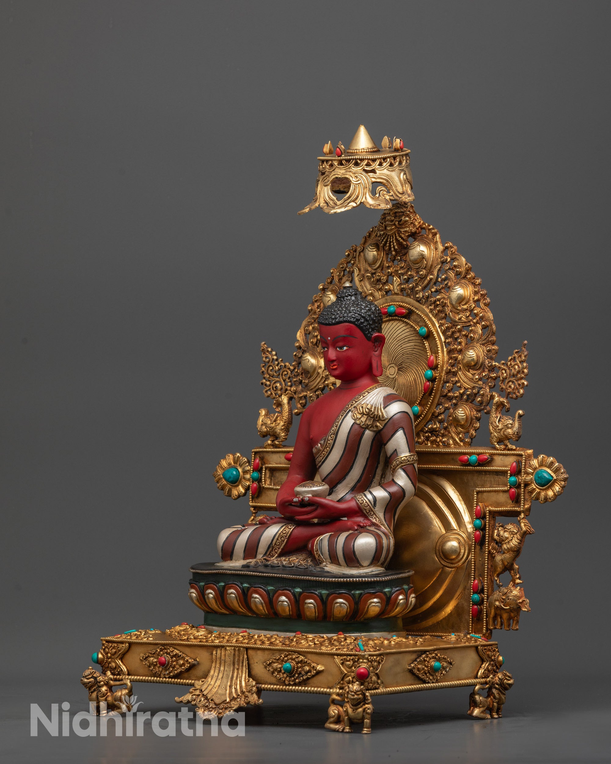 Beautiful Hand-carved Colored Amitabha Buddha Statue with Throne