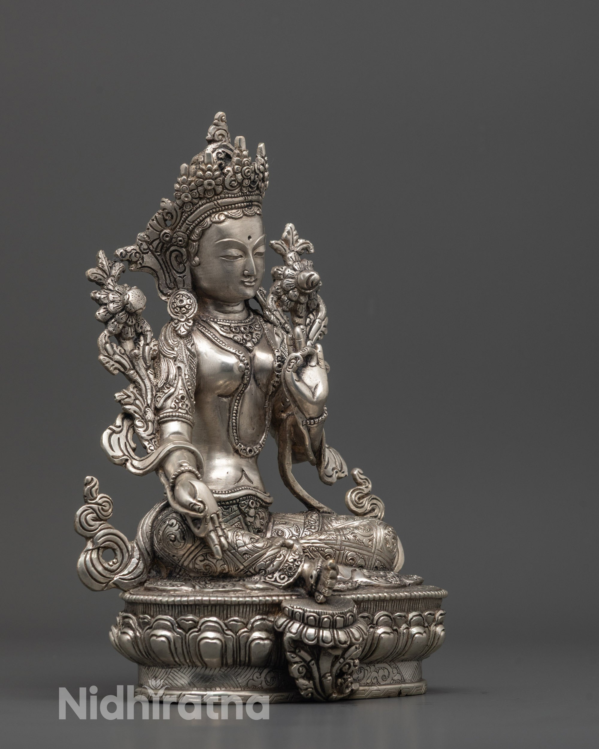 Nepal Handmade Silver-Plated Green Tara Statue
