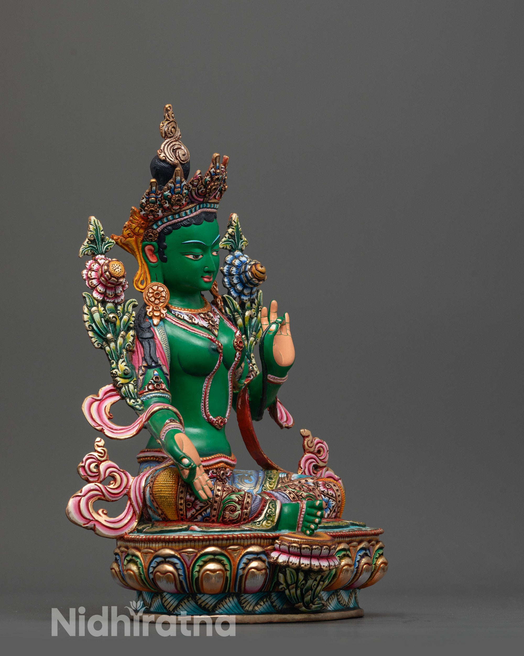 Coloured Green Tara Statue | Peaceful Nepalese Meditation Sculpture