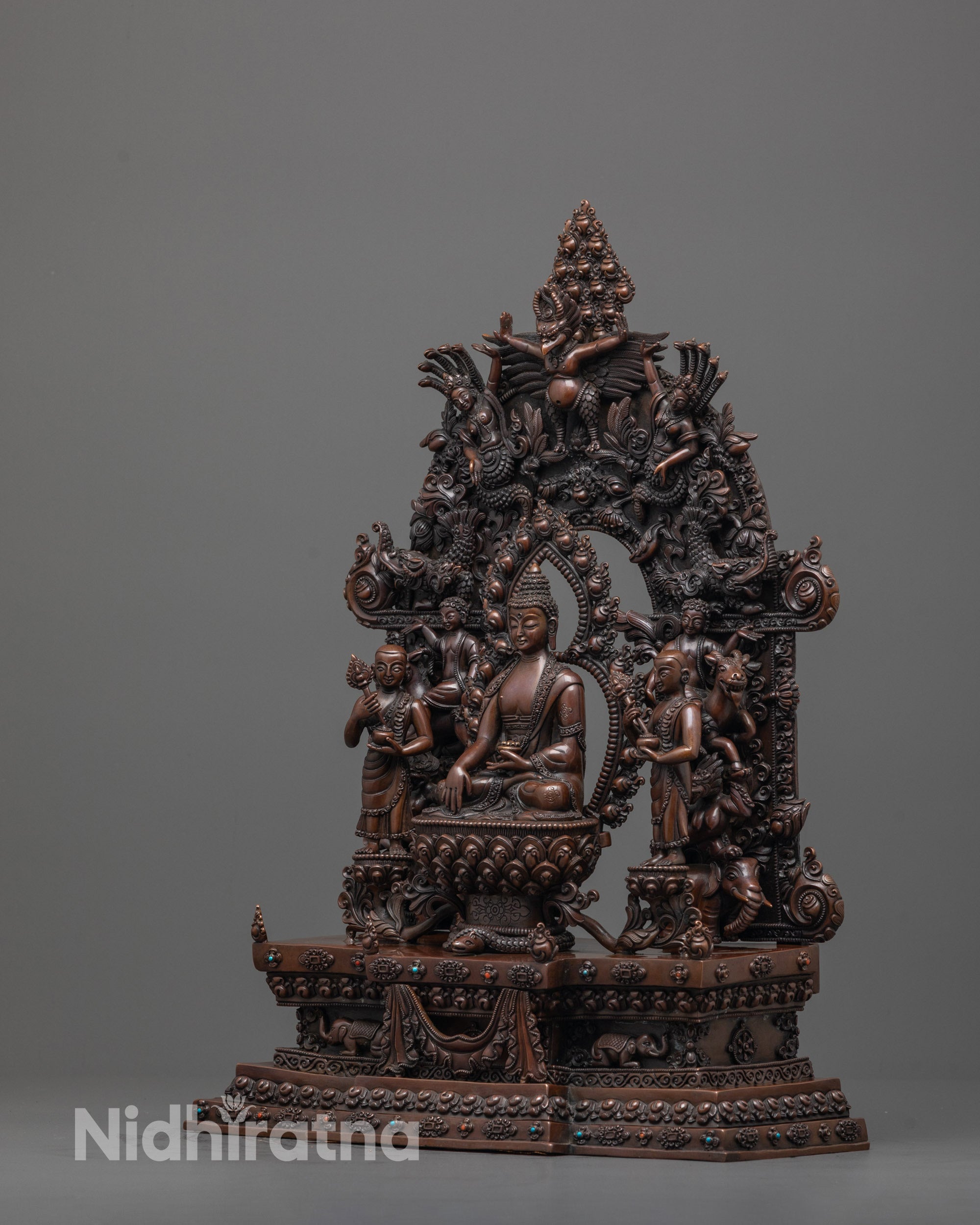 Oxidized Statue of Shakyamuni Buddha with Disciples | Buddhist Artwork