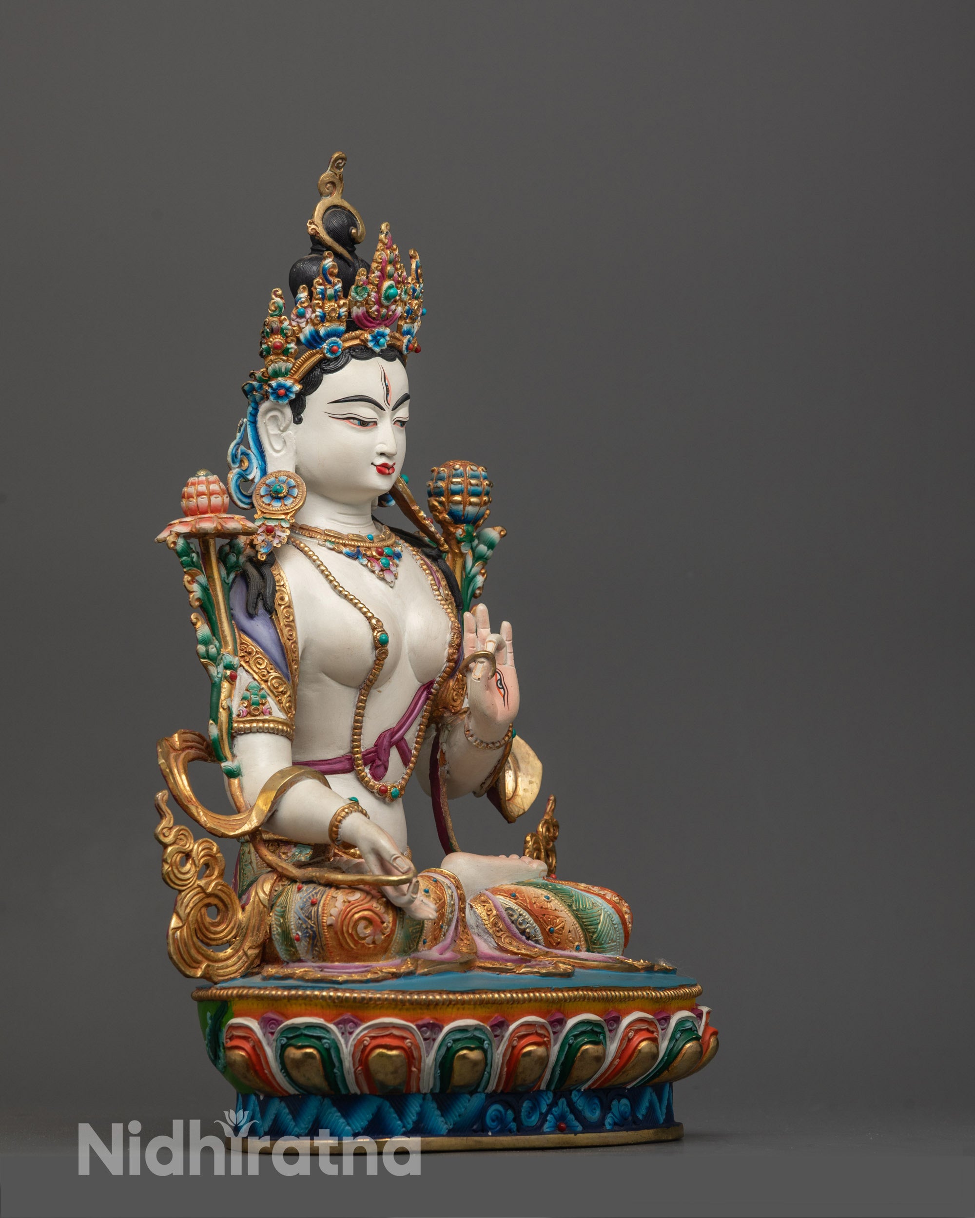 Beautifully Colored Tibetan Healing White Tara Statue