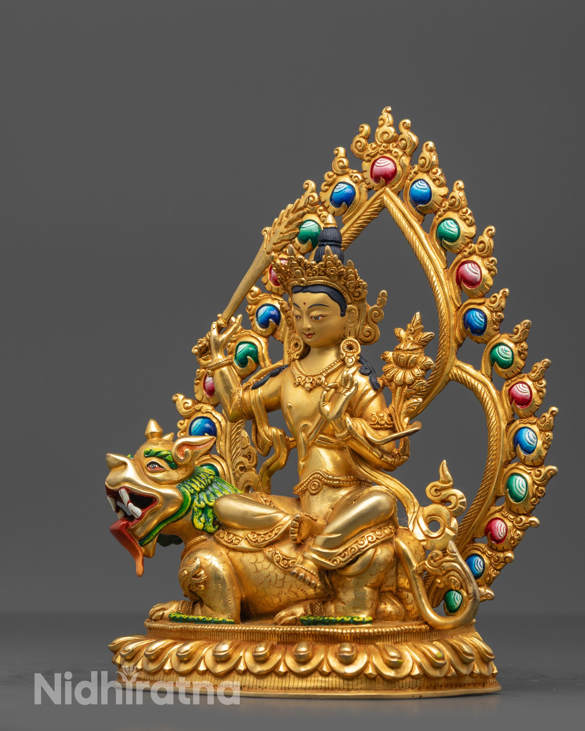 Handcrafted Simhada Manjushri Statue | 24K Gold-Fire Gilded Sculpture