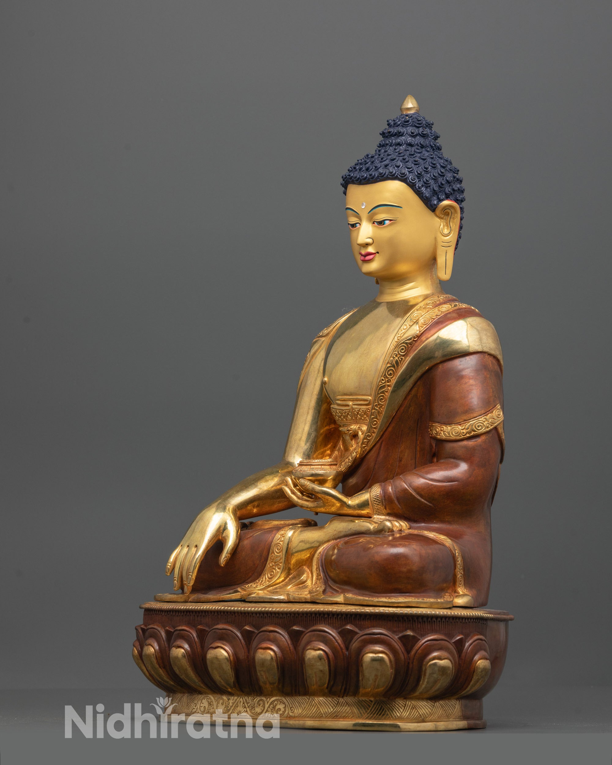 Lost Wax Method Shakyamuni Buddha Statue Showing Detailed Robes and Lotus Base