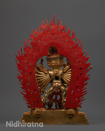 Back view of Yamantaka Statue highlighting gold fire-gilded body and detailed halo carvings