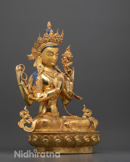 Side angle of silver-plated Chenrezig Statue capturing delicate lotus pedestal