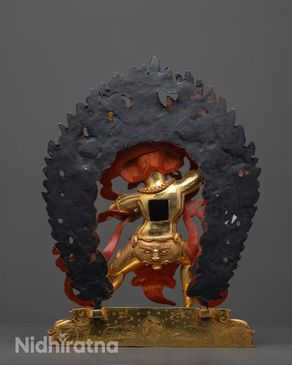 back view of vajrapani statue highlighting halo and handcrafted fire-gilded copper body