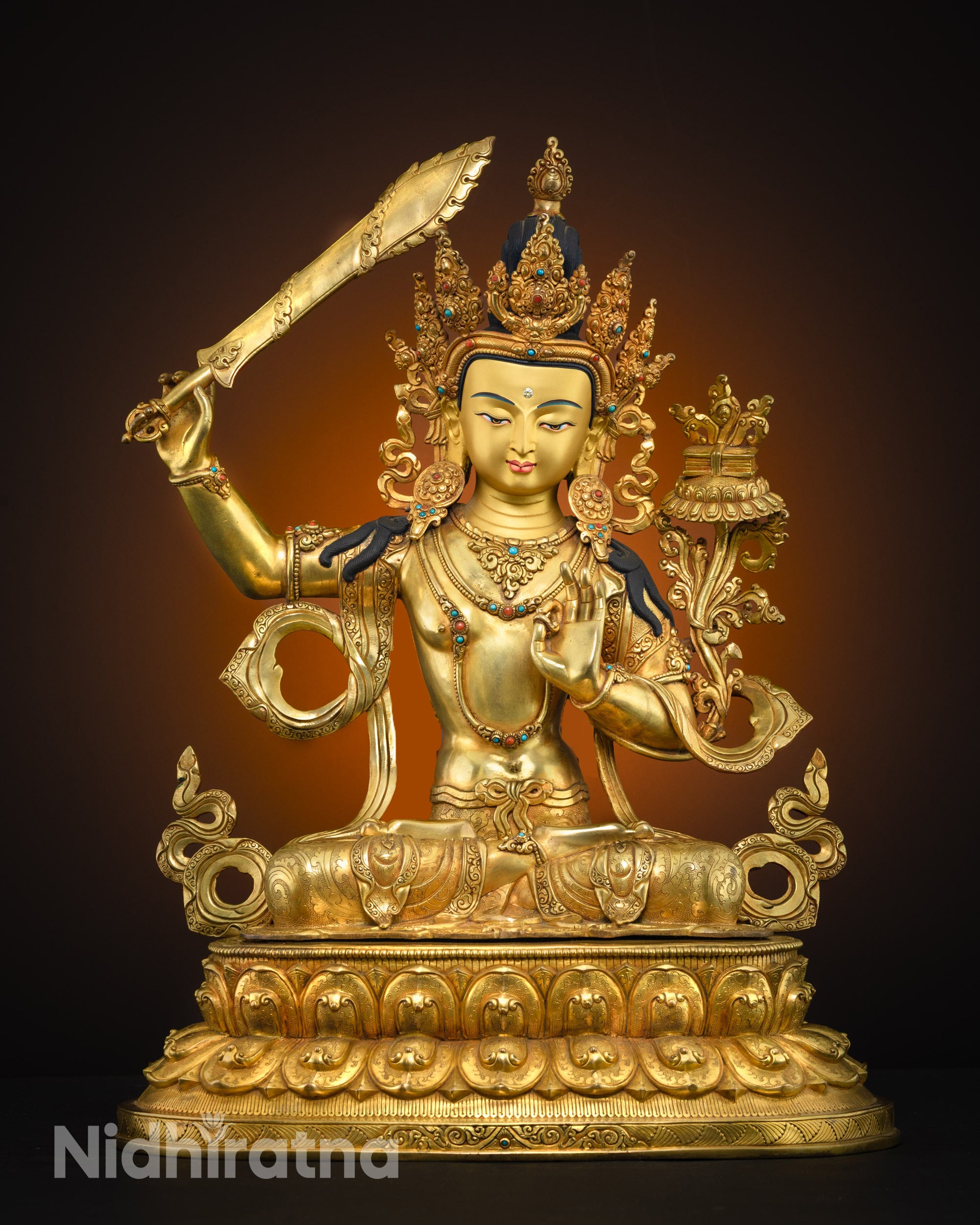 front view Manjushri Buddha statue lotus seat with sword and Prajnaparamita Sutra detailed robes