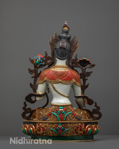 Nepalese Coloured White Tara Statue | Traditional Sacred Sculpture