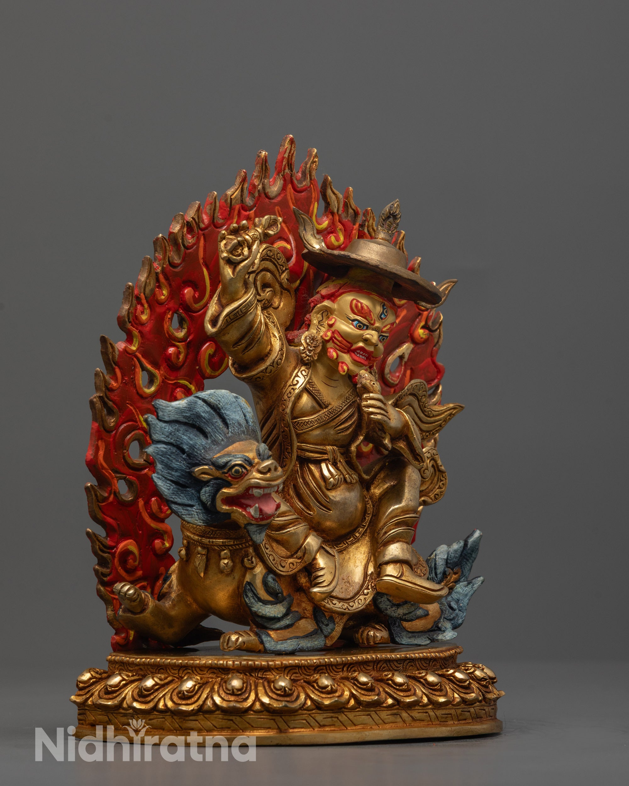 Side view of Dorje Legpa’s Vajra and Face Gilded with 24k Fire Gold on Copper Base