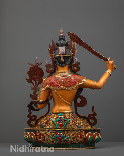 Coloured Manjushri Statue | Handcrafted Nepalese Bodhisattva Sculpture
