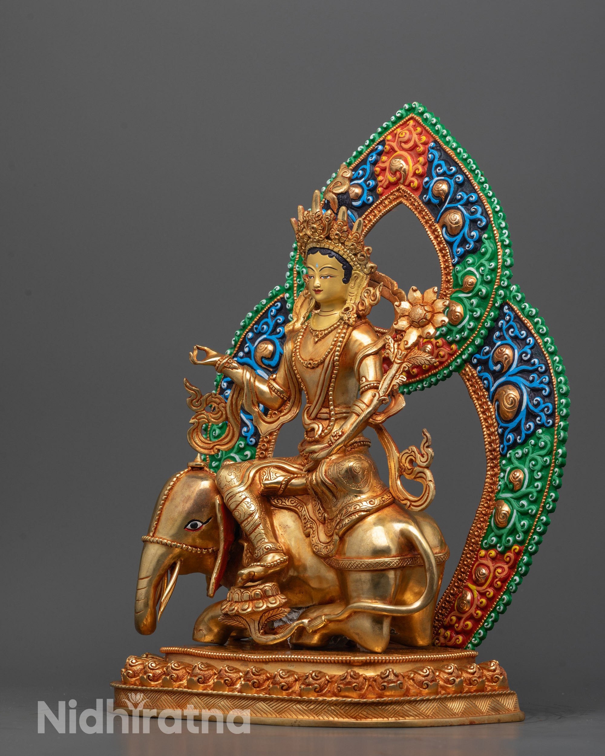 Back view of hand-carved Samantabhadra Statue showing intricate halo
