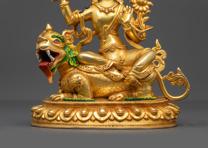 Handcrafted Simhada Manjushri Statue | 24K Gold-Fire Gilded Sculpture
