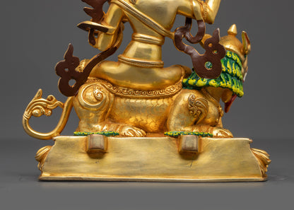 Handcrafted Simhada Manjushri Statue | 24K Gold-Fire Gilded Sculpture