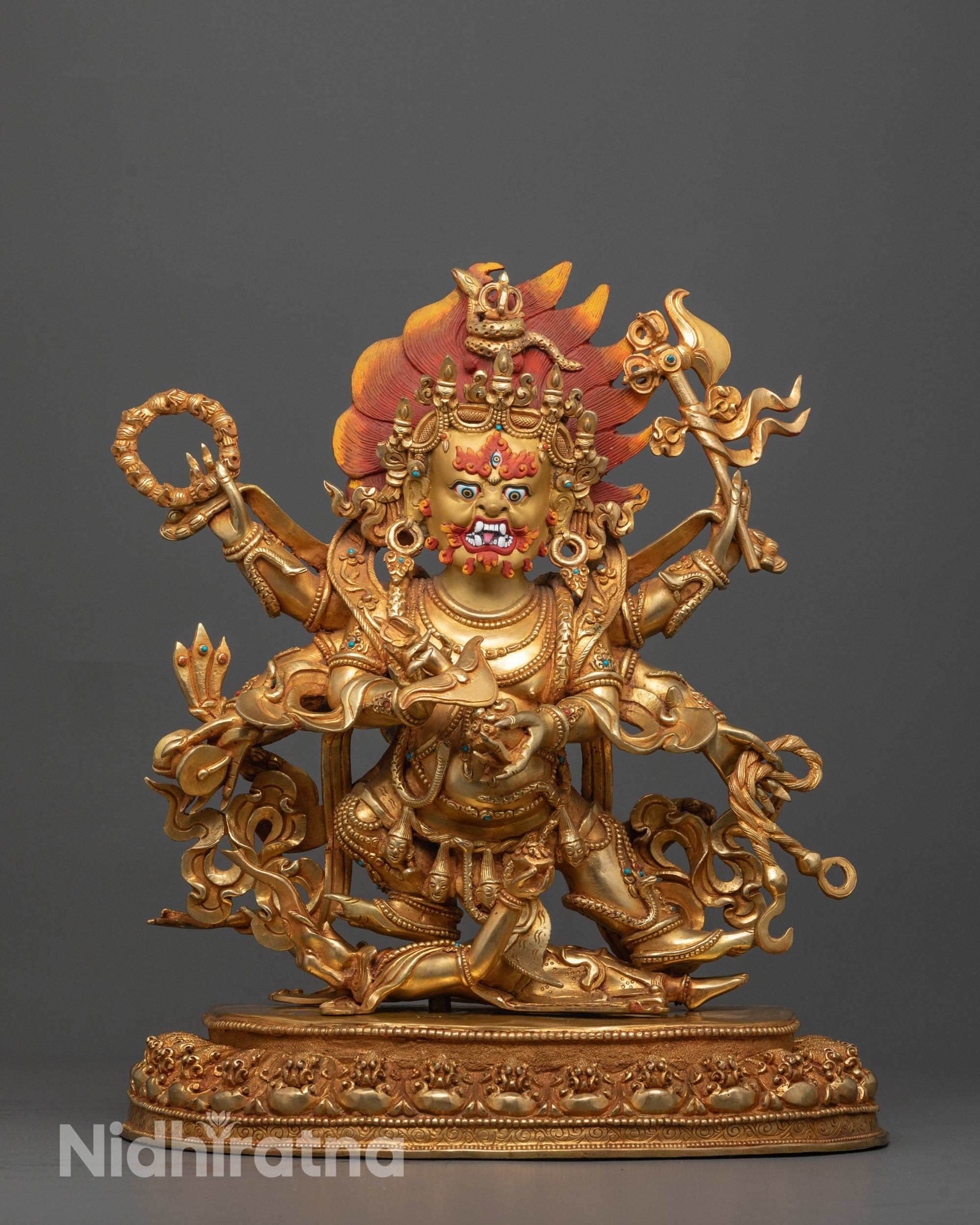 Six Armed Mahakala Sculpture | Hand-Carved Buddhist Wrathful Deity
