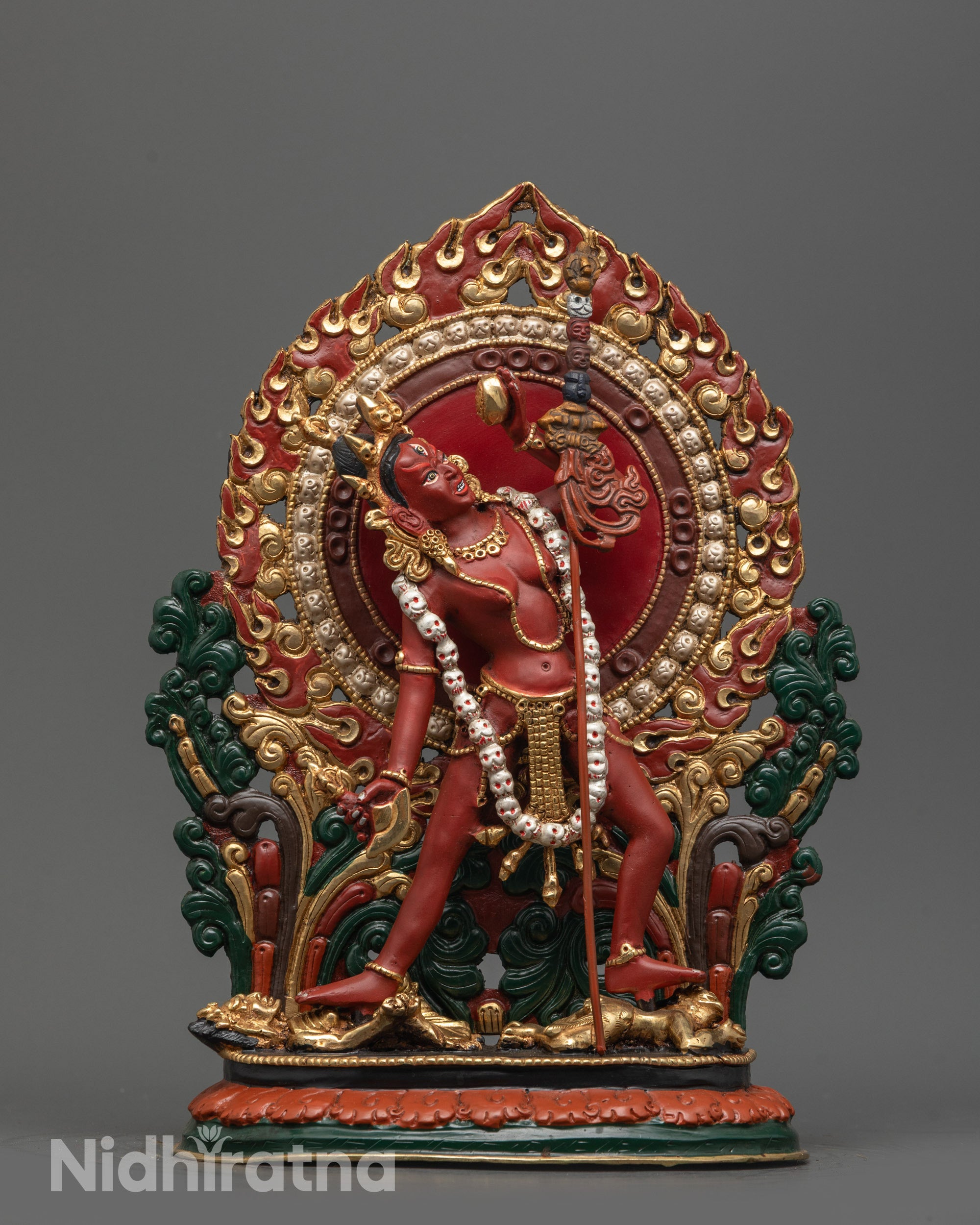 Front view of Tantric Vajrayogini Statue showing red body and lotus seat in Himalayan style