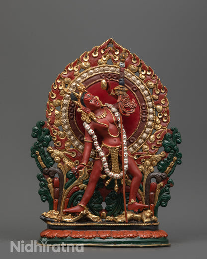 Front view of Tantric Vajrayogini Statue showing red body and lotus seat in Himalayan style