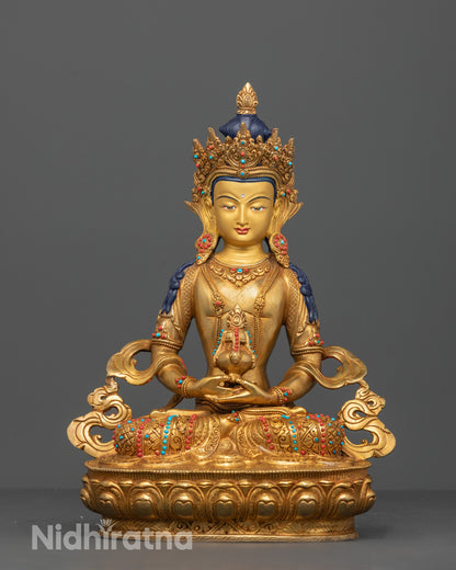 Full View of Amitayus Buddha Statue Seated on Lotus Base Holding Kalash of Nectar