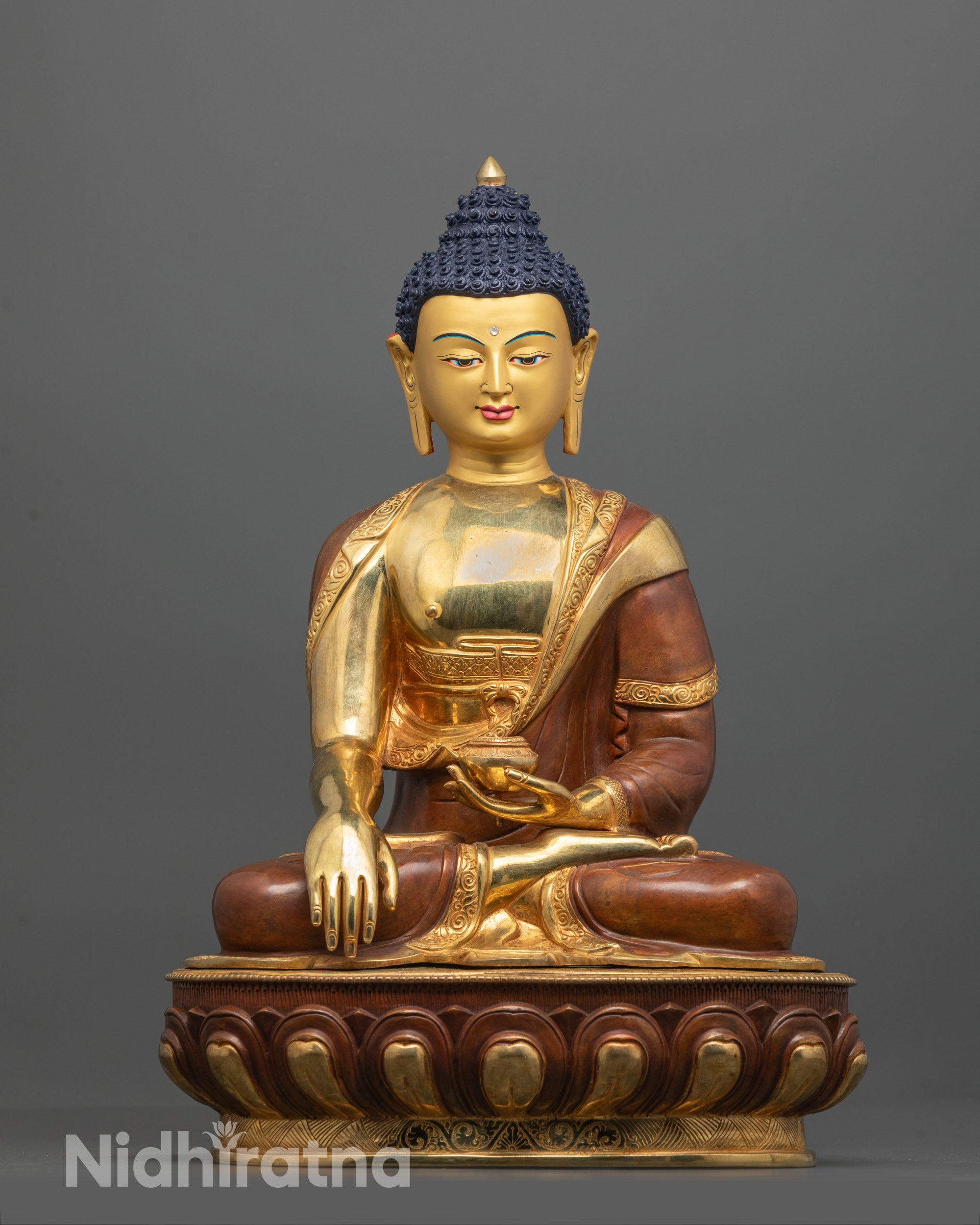 Hand-Carved Shakyamuni Buddha Statue Seated on Lotus Base with Monk’s Bowl