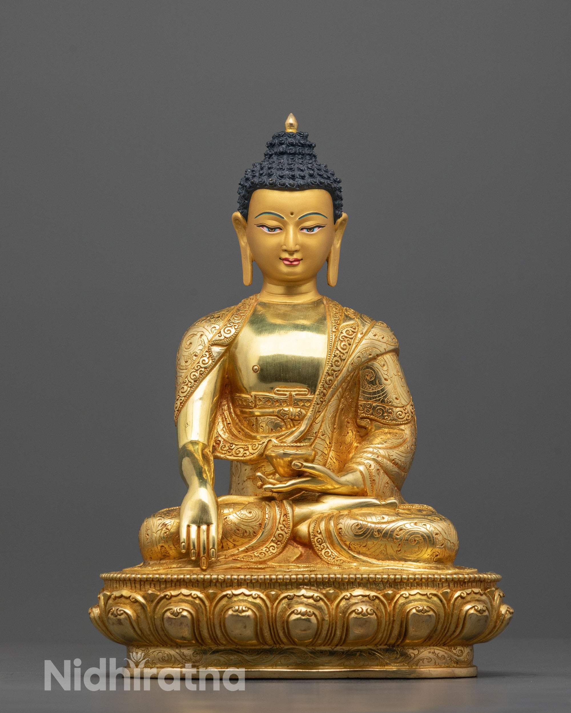 Front View of Hand-Carved Shakyamuni Buddha Statue Seated on Lotus Throne