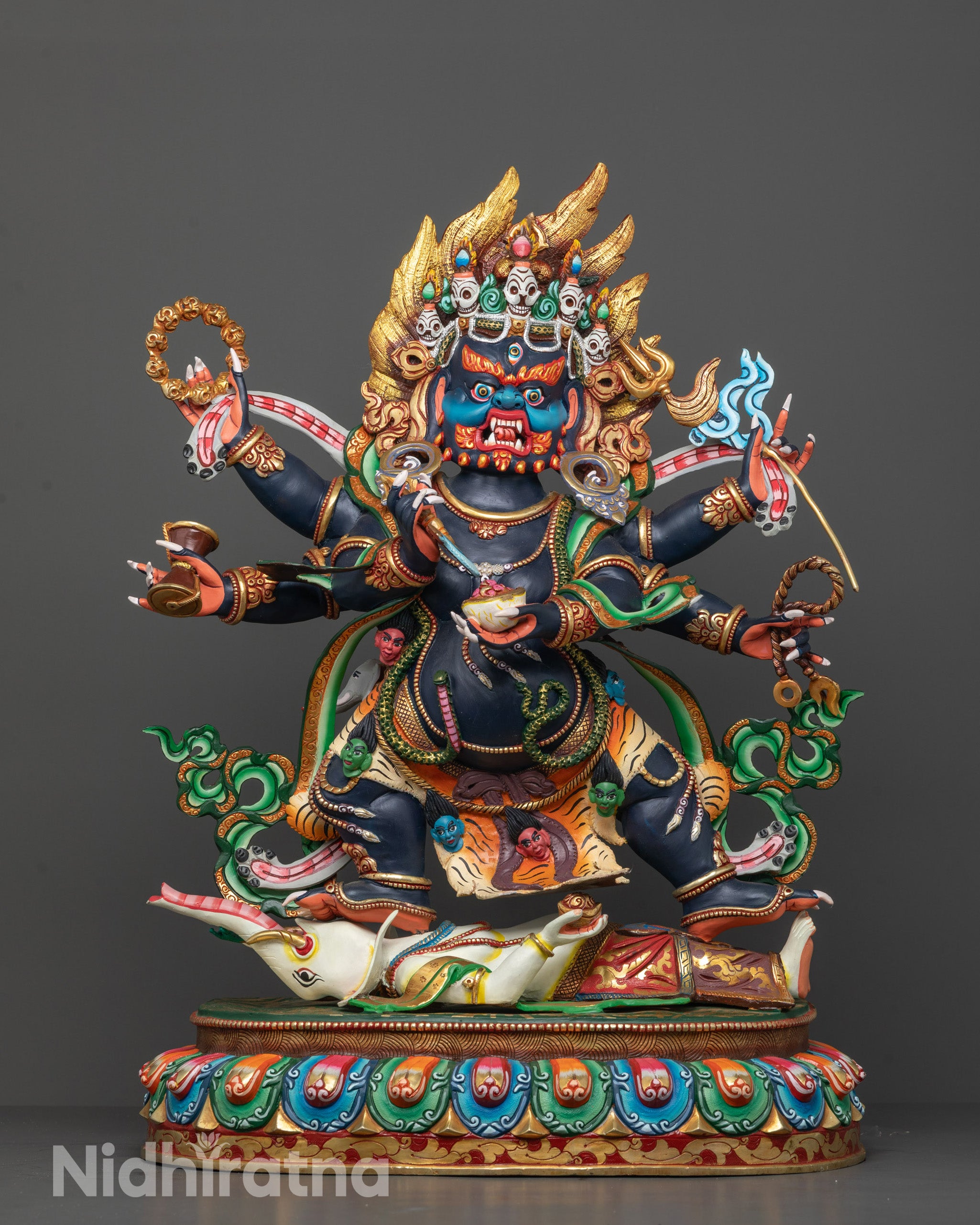 Colored Six Armed Mahakala Statue | Buddhist Protector Statue