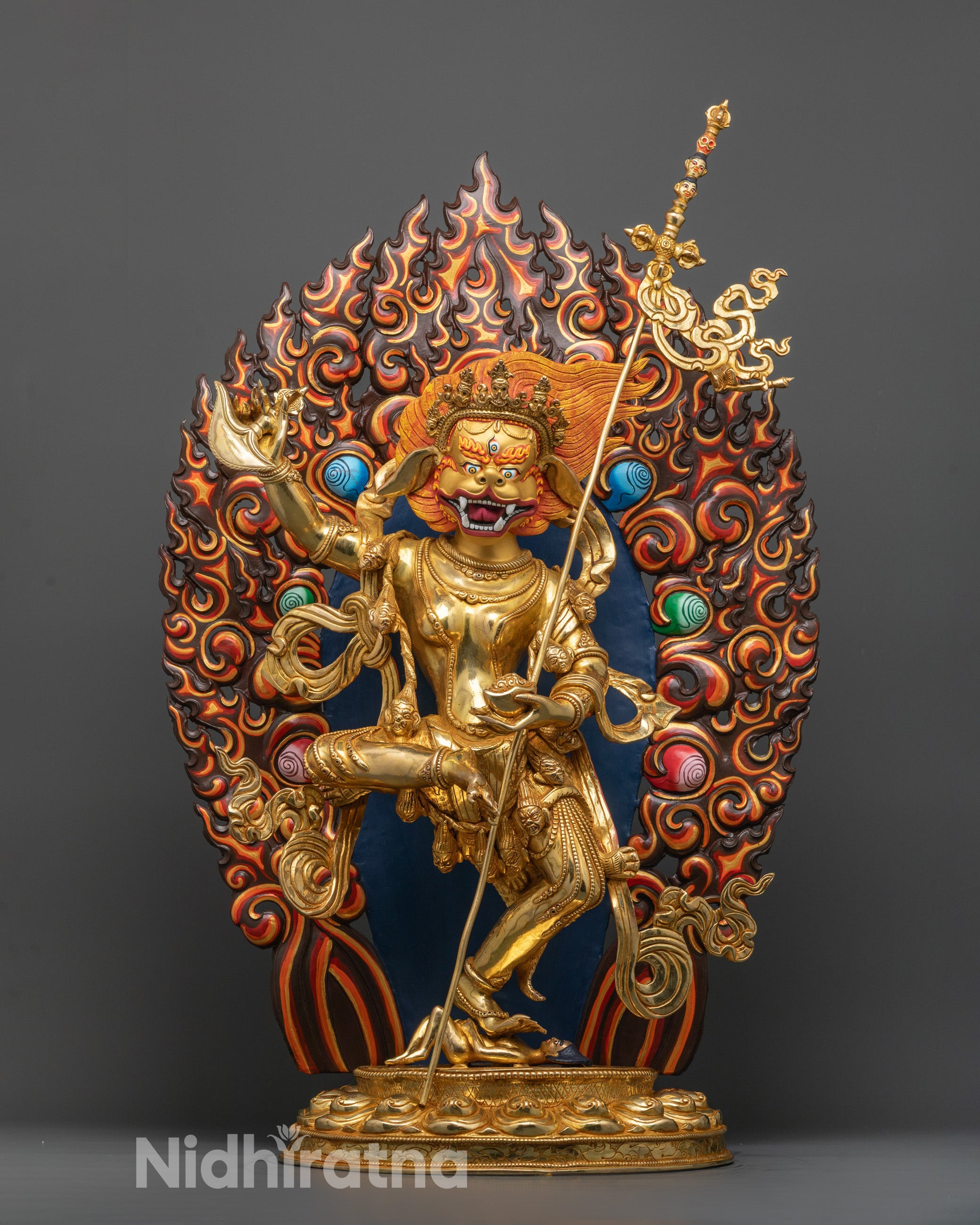 Handcrafted Singha Mukha Statue in dancing posture with 24k gold gilding