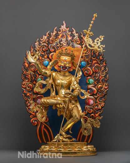 Handcrafted Singha Mukha Statue in dancing posture with 24k gold gilding