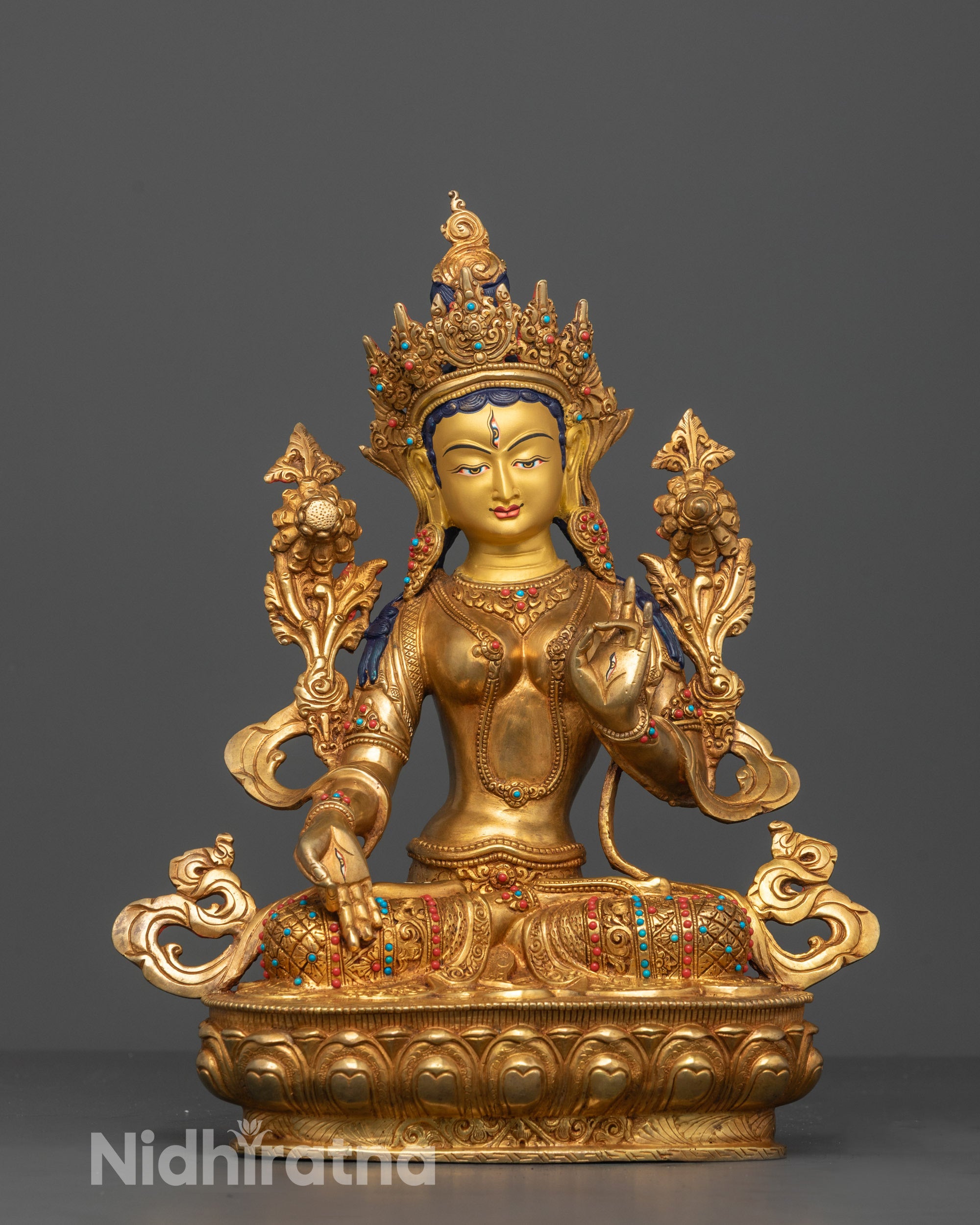 Front View of Hand-Carved White Tara Statue Seated on Lotus Base with Seven Eyes