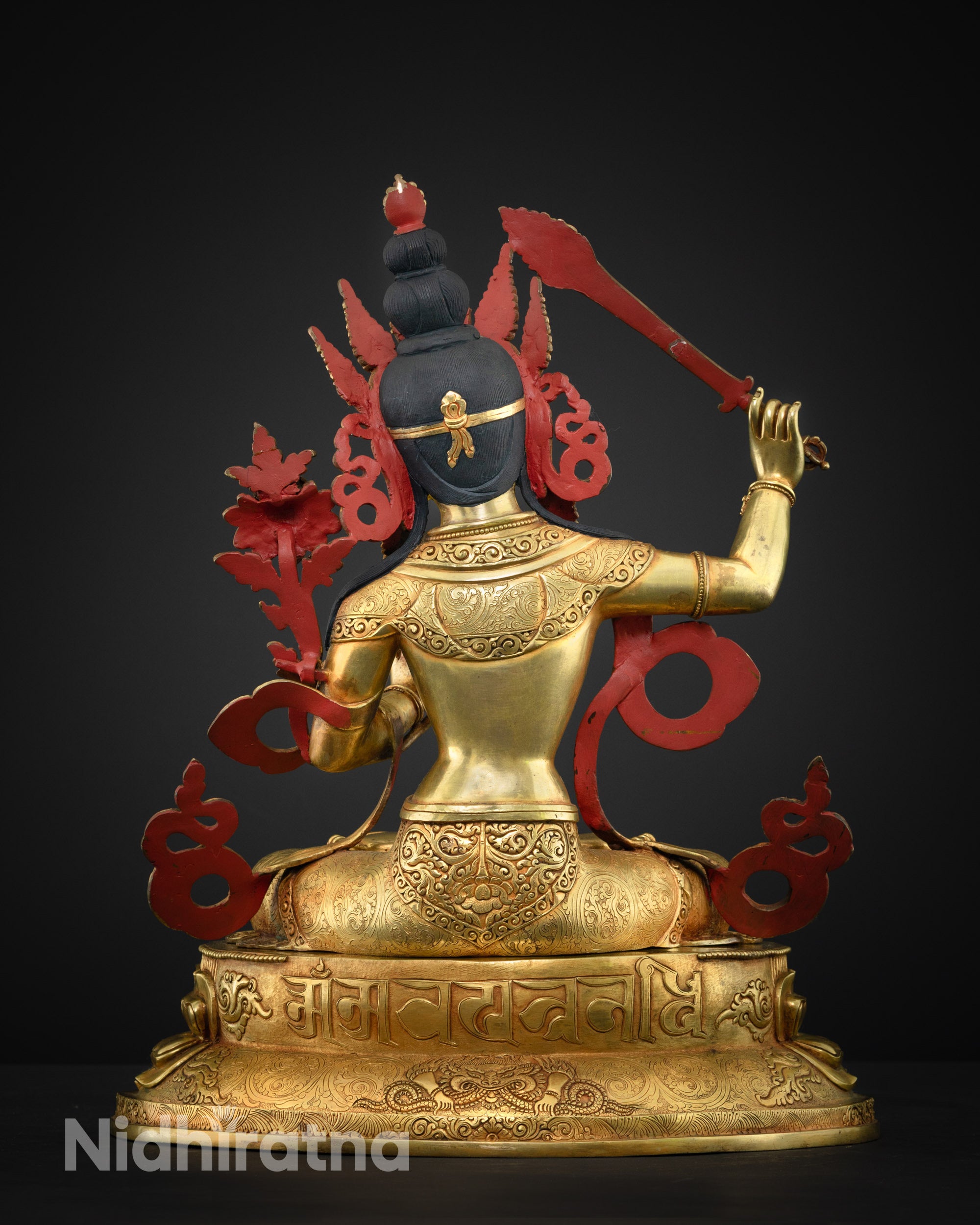 back view Manjushri statue smooth finish with semi-precious stones radiating spiritual energy