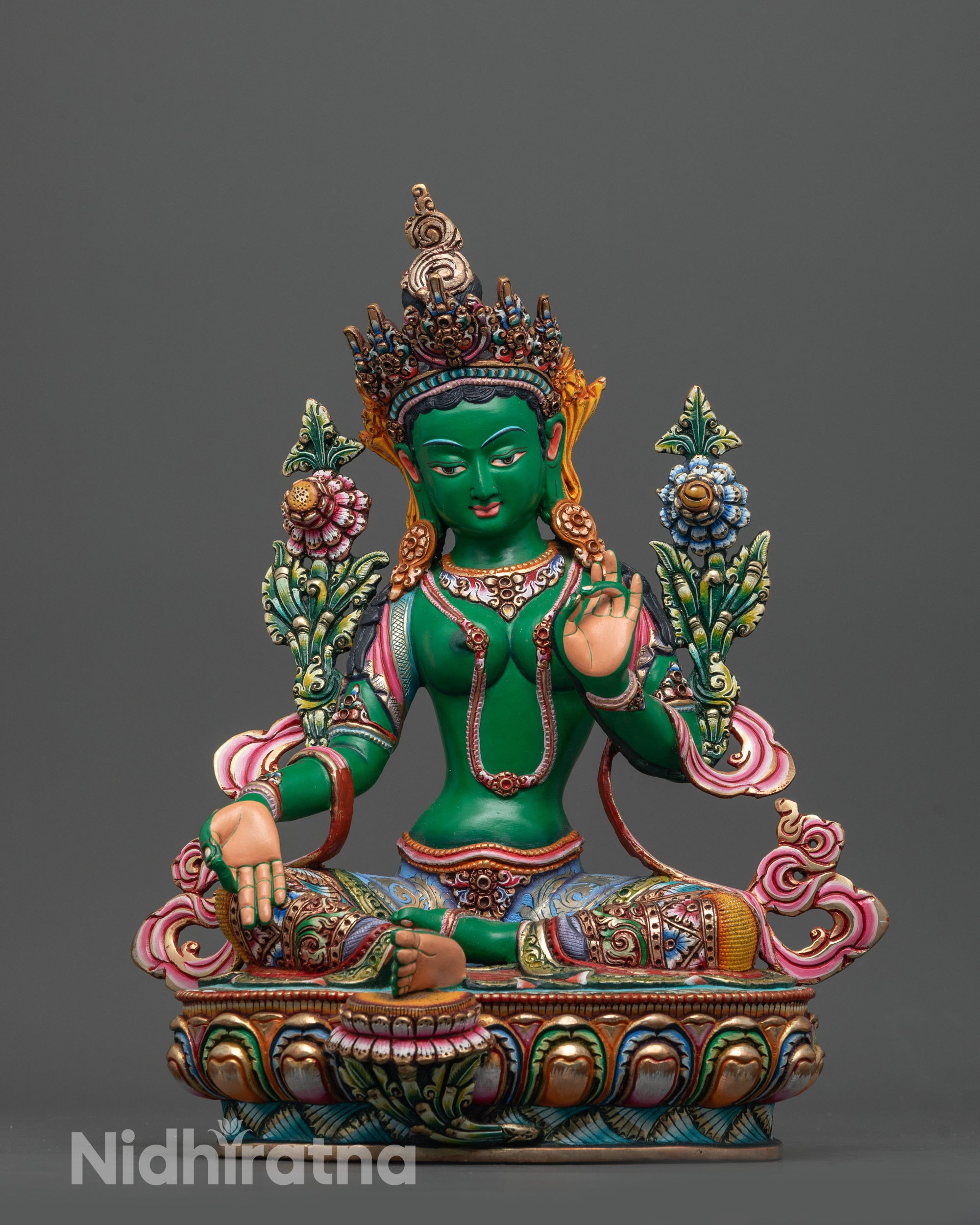 Coloured Green Tara Statue front view with green body and jeweled crowns meditation sculpture