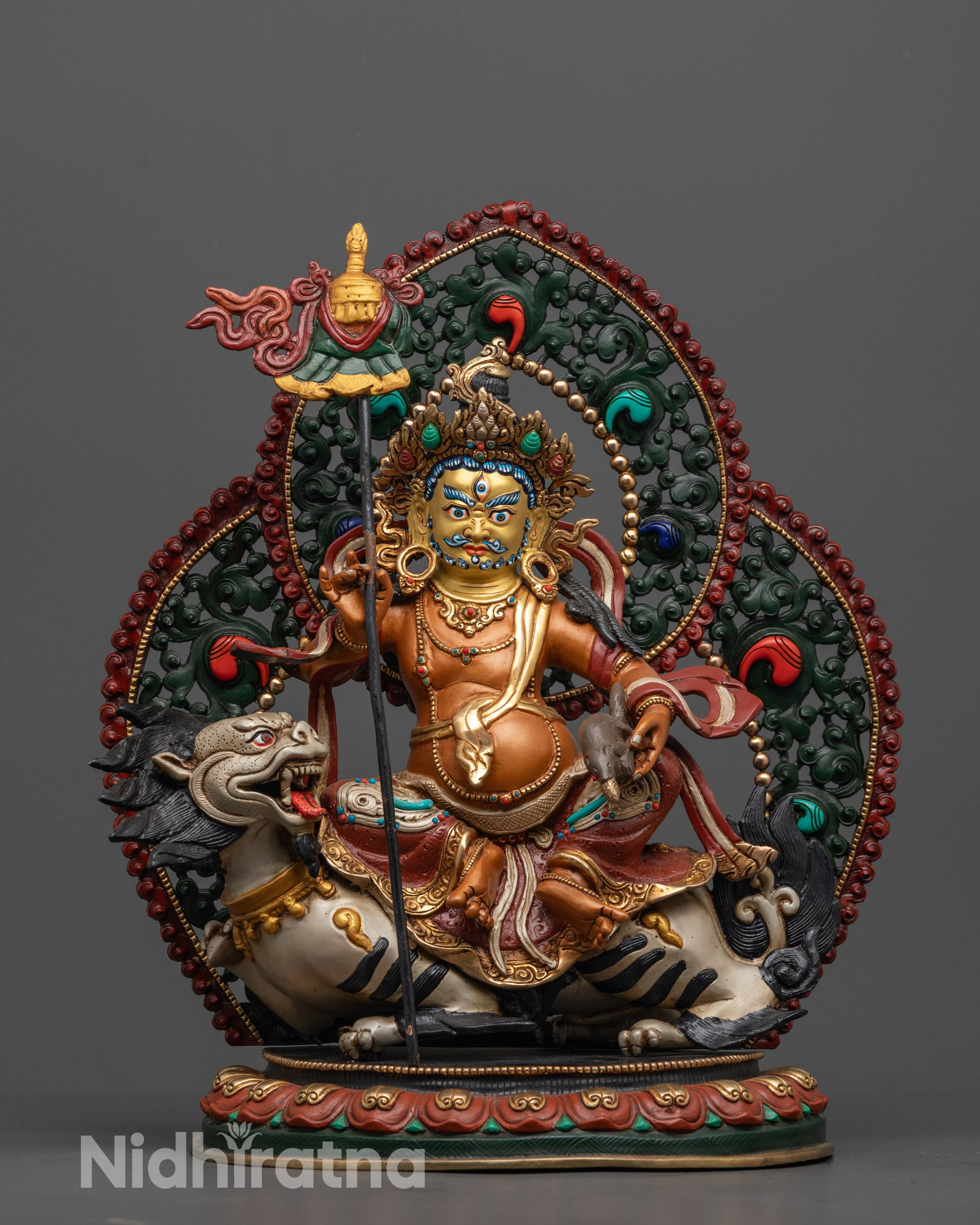 Front view of Handmade Namtoshe Statue with gold-plated finish and vibrant orange robe
