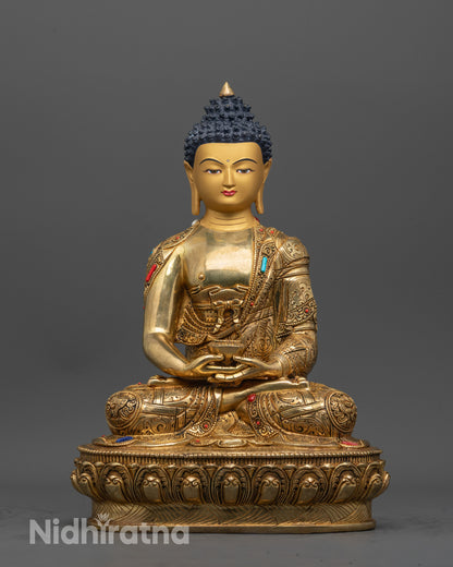 Front view of Tibetan Amitabha Buddha Statue with gold gilded face and copper base