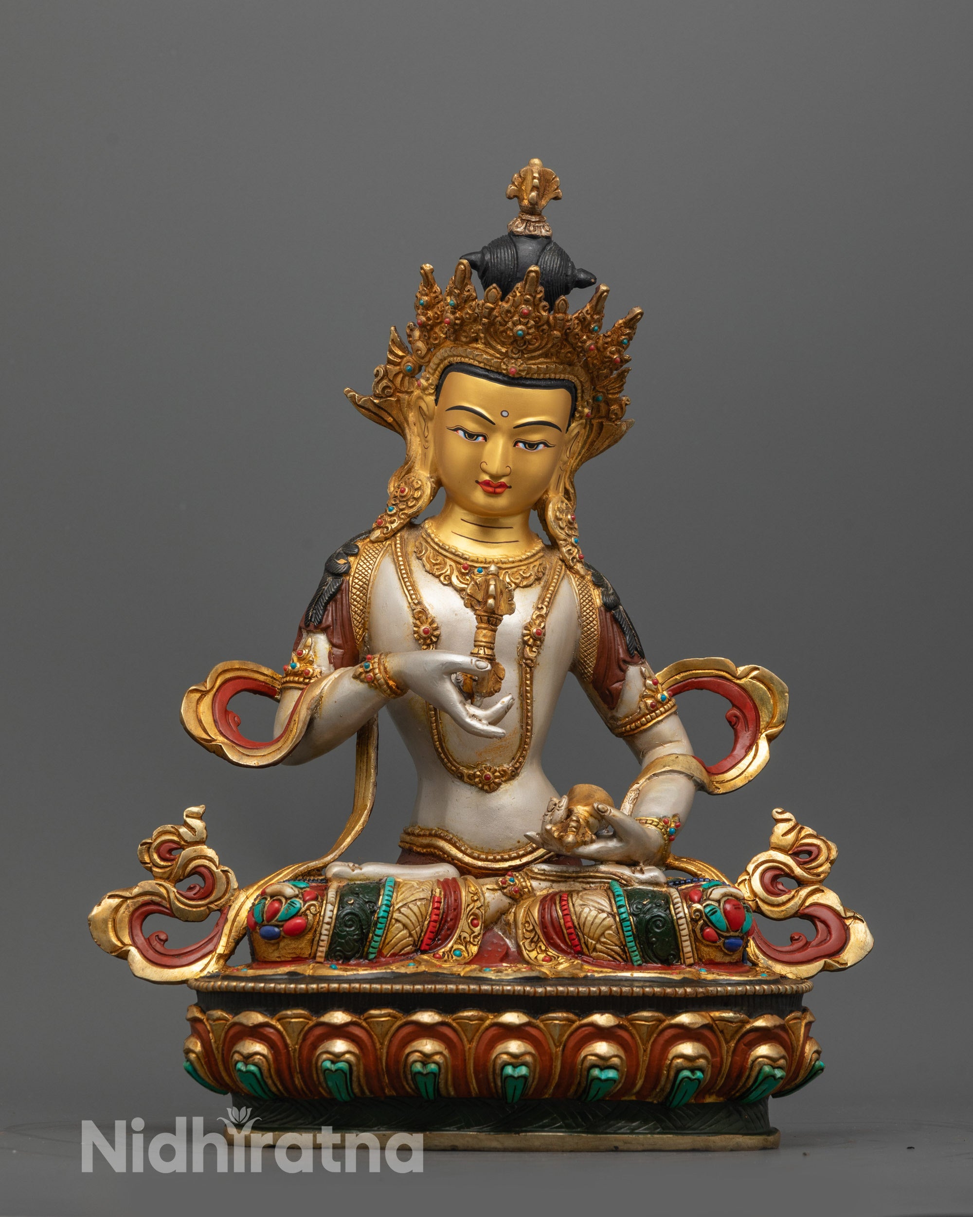 Hand-carved Vajrasattva Statue with 24k gold-gilded face and white acrylic body,
