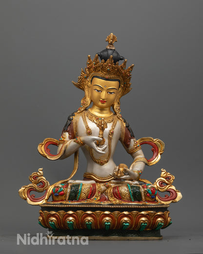 Hand-carved Vajrasattva Statue with 24k gold-gilded face and white acrylic body,